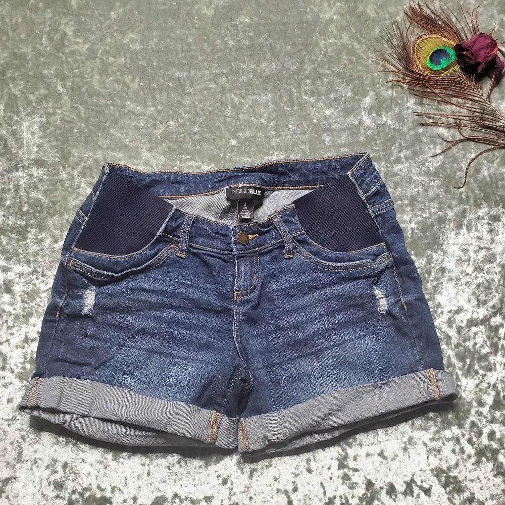 Indigo Blue Denim Cuffed Maternity Shorts